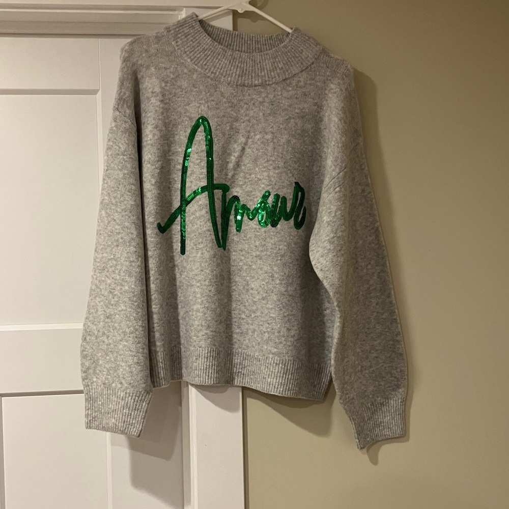 a new day Target Gray Sweater with Green Sequin Script